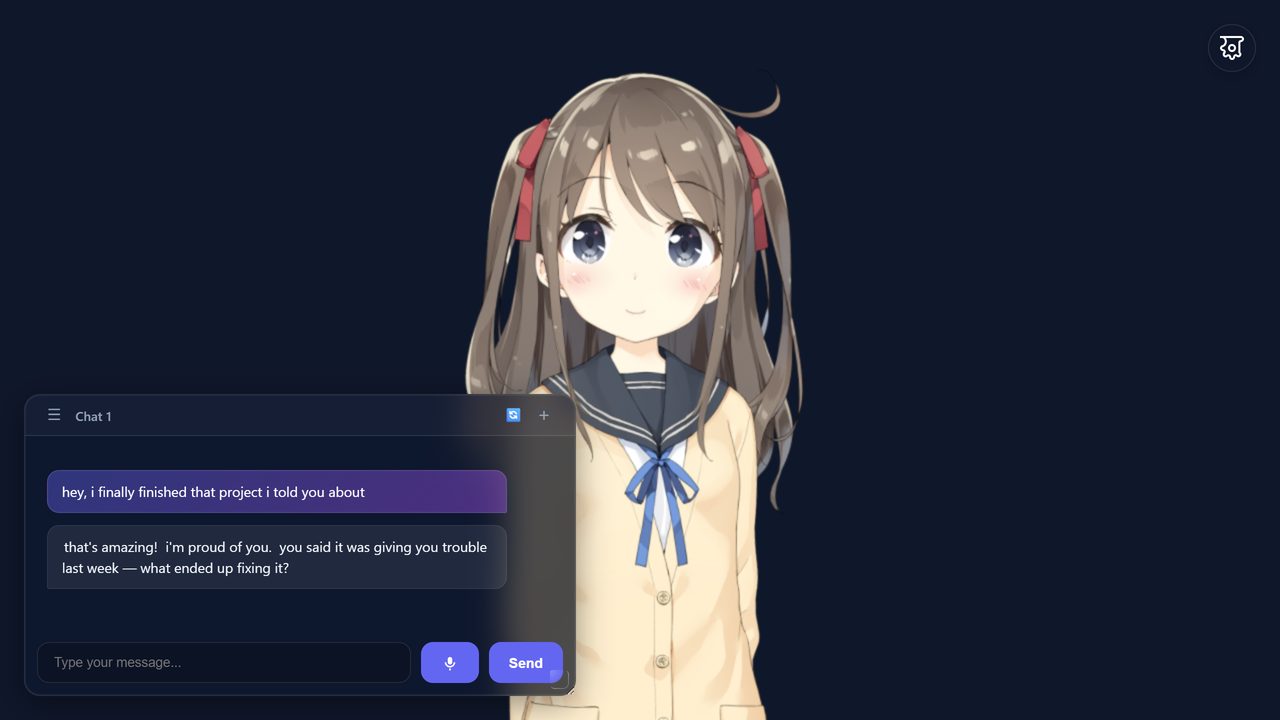 The AIKO app running: an animated Live2D anime character with a live chat conversation and voice input below her.